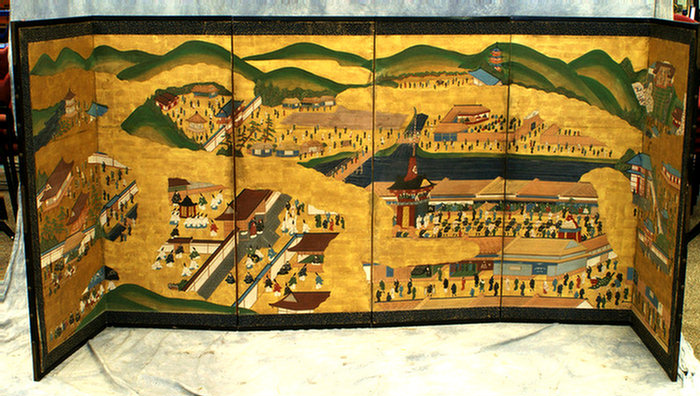 Appraisal: panel Oriental screen Mountain Landscape with Villages vignettes in foreground