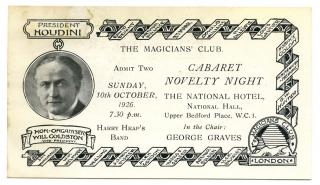 Appraisal: Houdini Harry The Magicians Club Invitation For Sunday October Invitation