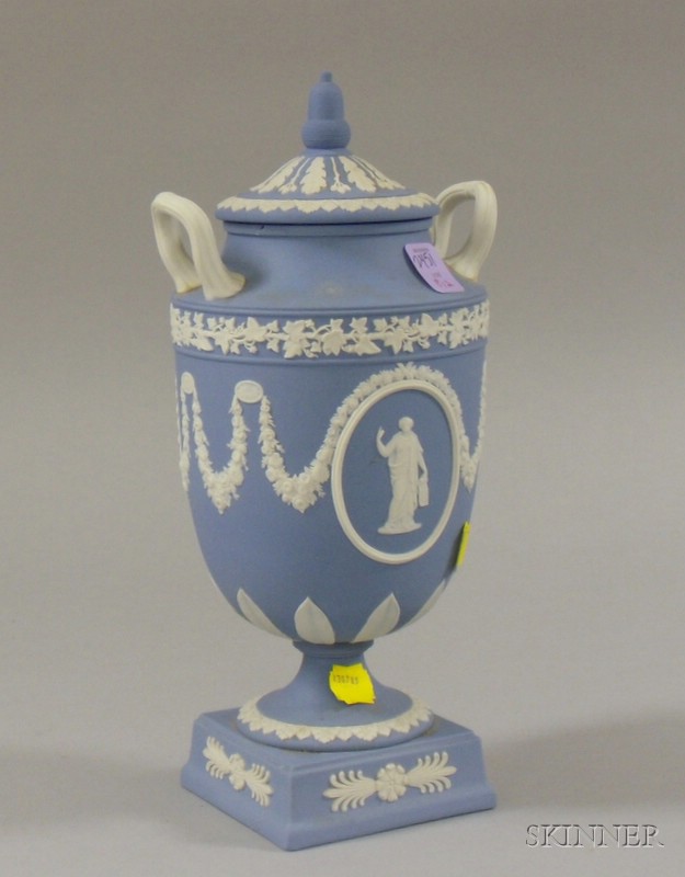 Appraisal: Wedgwood Light Blue Jasper Vase with Cover ornamented with classical