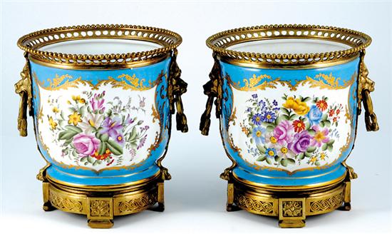 Appraisal: Pair French style bronze-mounted cachepots floral painted and celestial blue