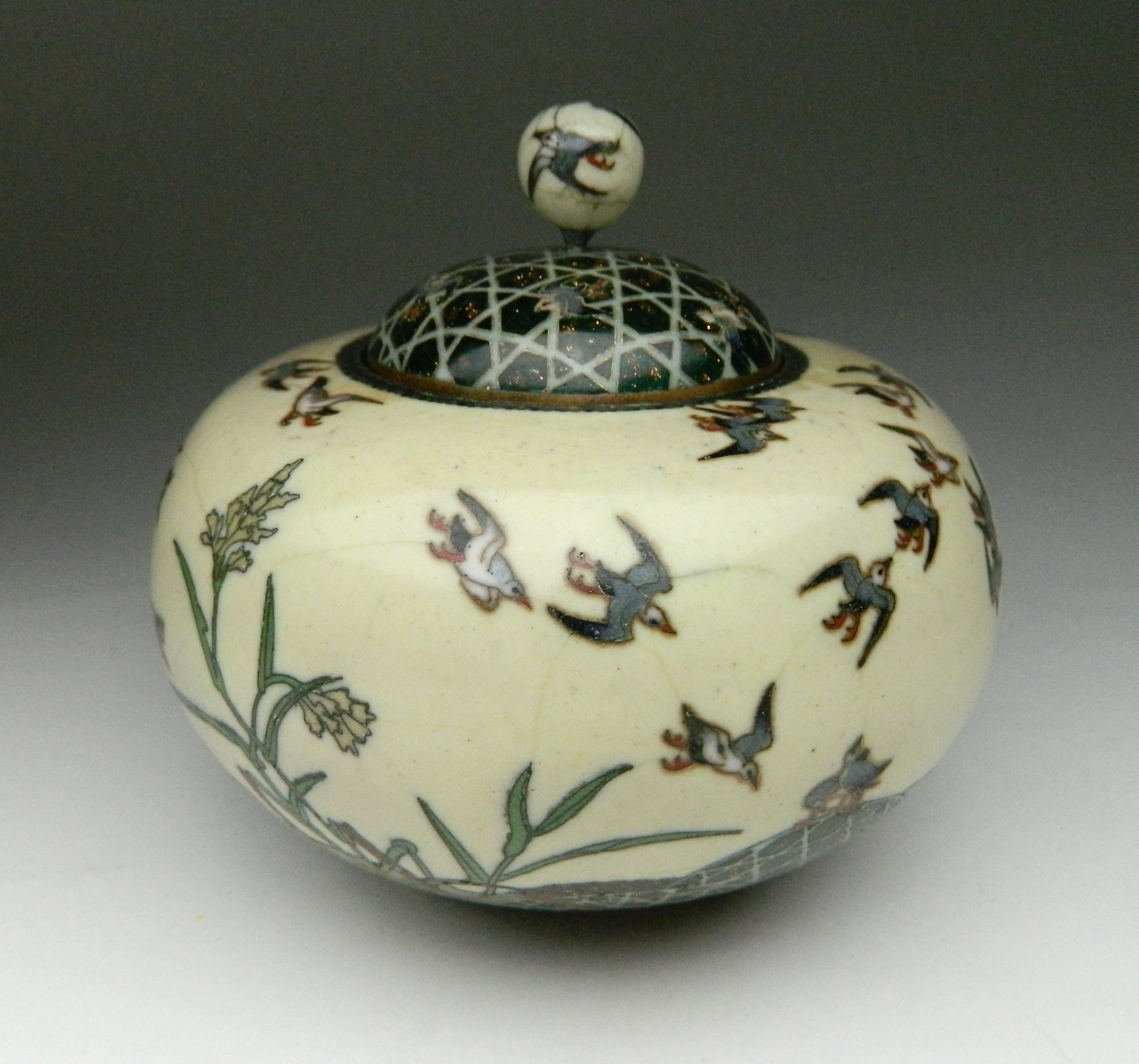 Appraisal: Japanese cloisonne jar- with cover bird and vegetation motif on