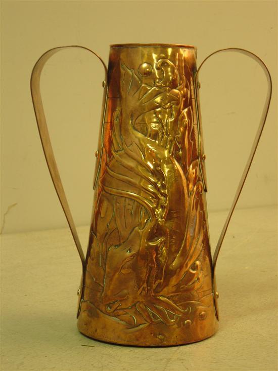 Appraisal: Newyln copper vase with two handles decorated with fish motifs