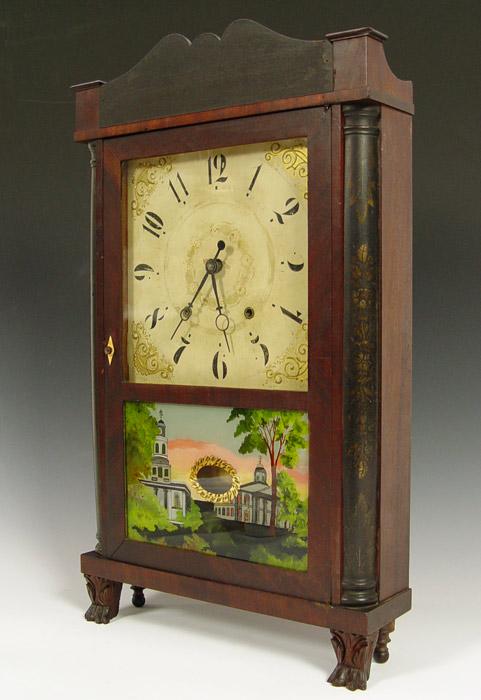 Appraisal: ELI TERRY PILLAR SCROLL REVERSE PAINTED MANTLE CLOCK Mahogany veneer