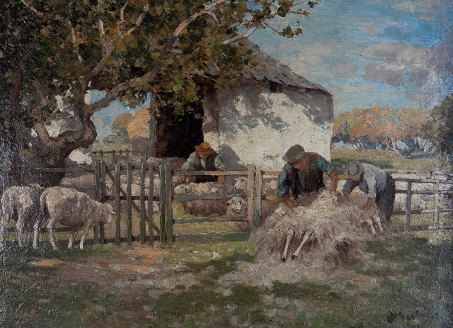 Appraisal: William MacBride British - Sheep shearingsigned lower right oils on