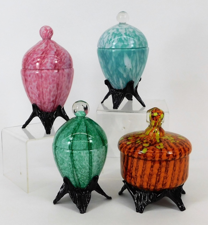 Appraisal: PC WELZ BOHEMIAN STRIPED ART GLASS COVERED JARS Czechoslovakia th