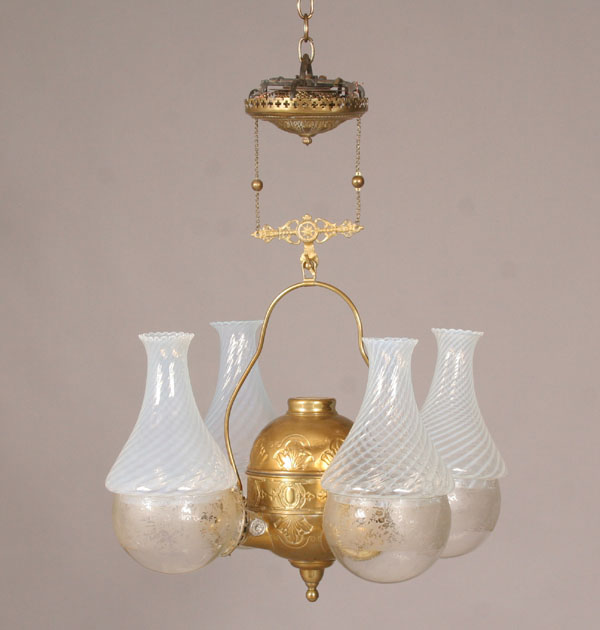 Appraisal: Hanging angle lamp brass four burner light with adjustable decorative