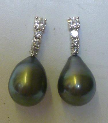 Appraisal: A PAIR OF TAHITIAN PEARL AND DIAMOND EARRINGS the pear