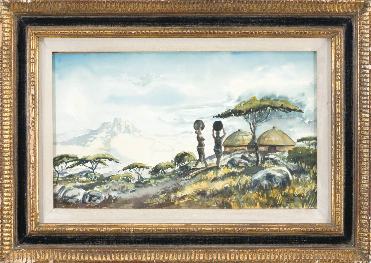 Appraisal: TWO FRAMED WATERCOLORS OF AFRICAN LANDSCAPES Each signed quot E