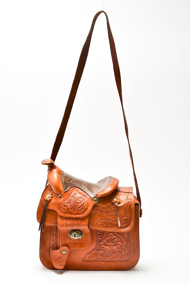 Appraisal: Vintage Leather Saddle-Form Bag w Horse Motif Vintage leather saddle-form