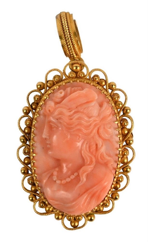 Appraisal: Carved Coral and Gold Brooch Pendant height inches Carved Coral