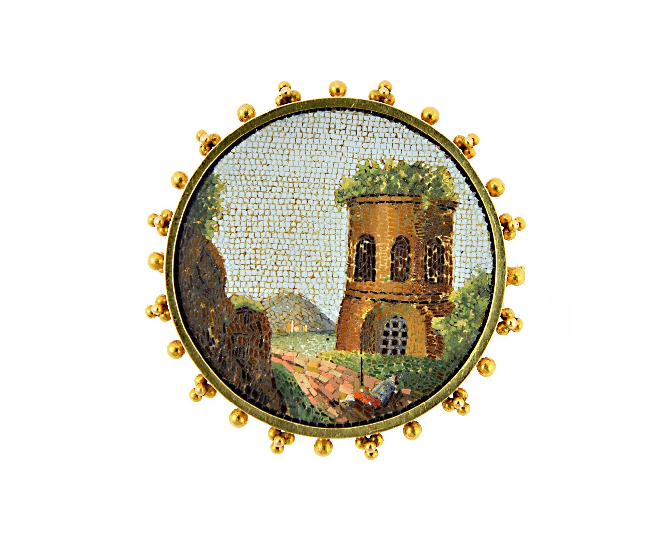 Appraisal: A Victorian gold micro mosaic brooch depicting a guard at