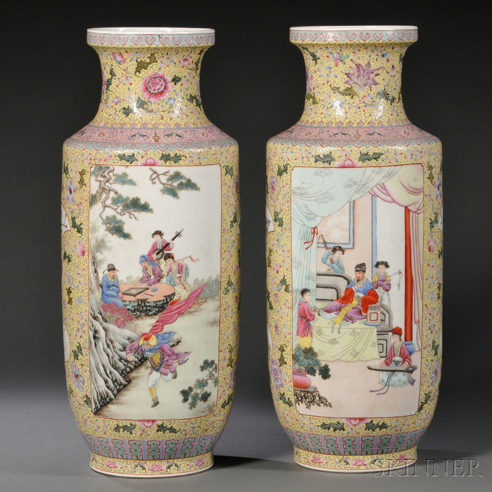 Appraisal: Pair of Famille Jaune Vases China rouleau form decorated with