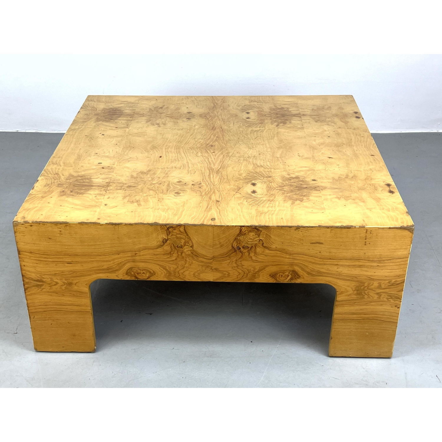 Appraisal: Milo Baughman style burled wood cocktail table Square coffee table