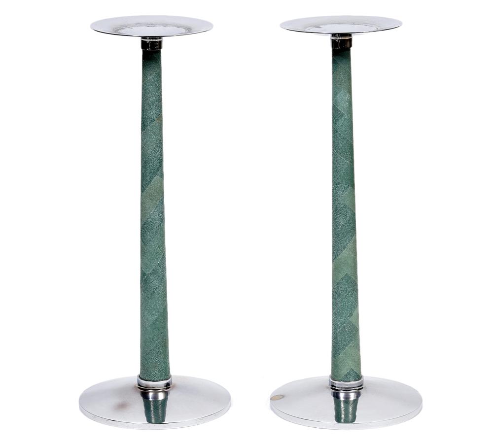 Appraisal: PAIR OF SHAGREEN CHROME CANDLE HOLDERSPair of tall blue shagreen