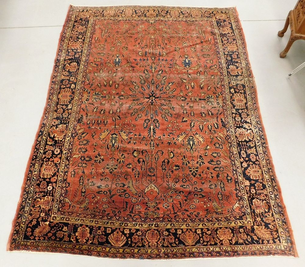 Appraisal: LG Geometric Floral Sarouk Rug Middle East th Century Navy