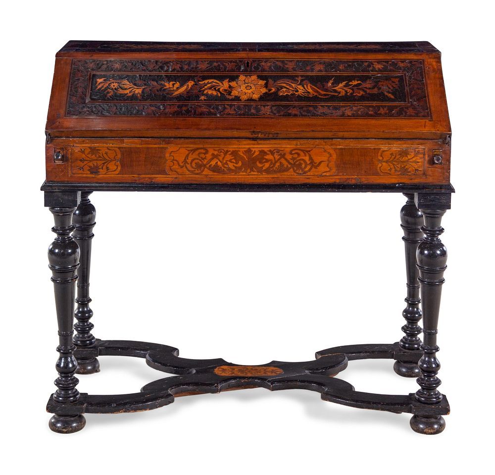 Appraisal: An Italian Baroque Marquetry Slant-Front Desk An Italian Baroque Marquetry