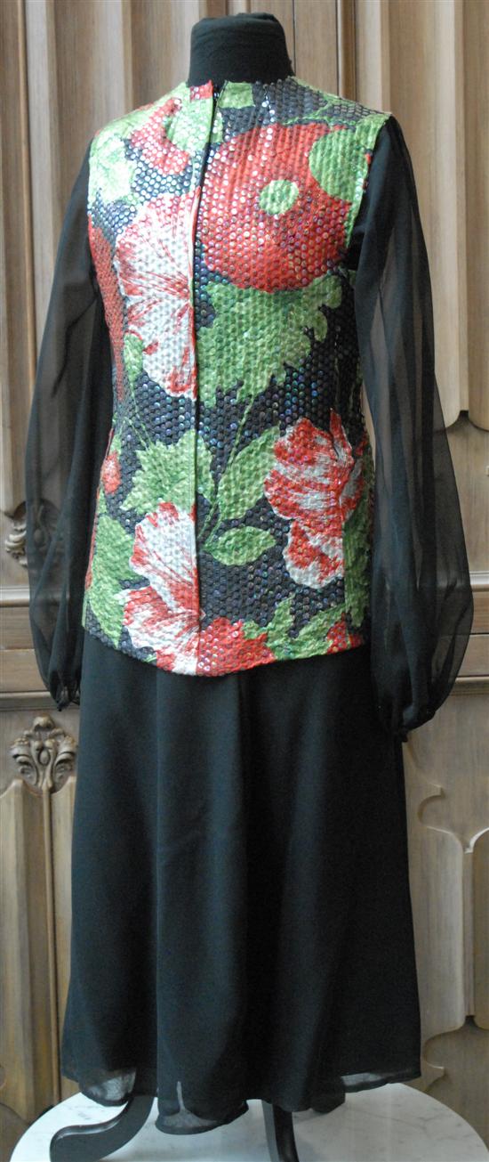 Appraisal: CHRISTIAN DIOR BLACK CHIFFON EVENING ENSEMBLE Floral top with clear