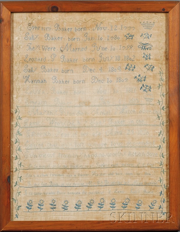 Appraisal: Needlework Family Register Sampler Wrought by Sally Baker in the