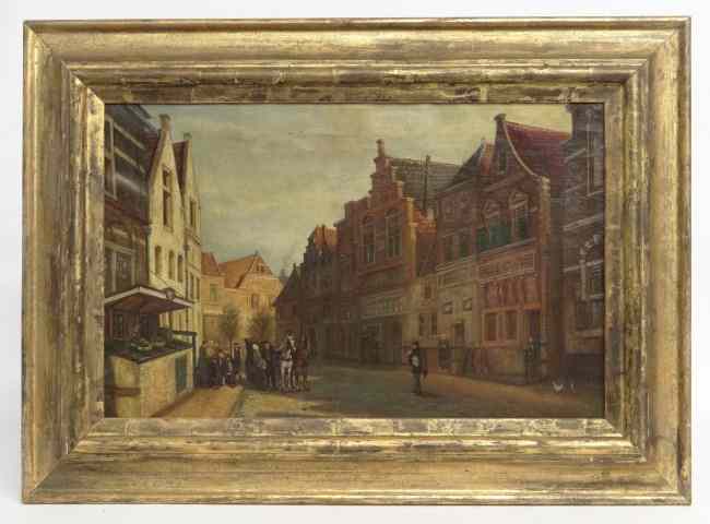 Appraisal: C - 's Dutch oil on canvas street scene Signed