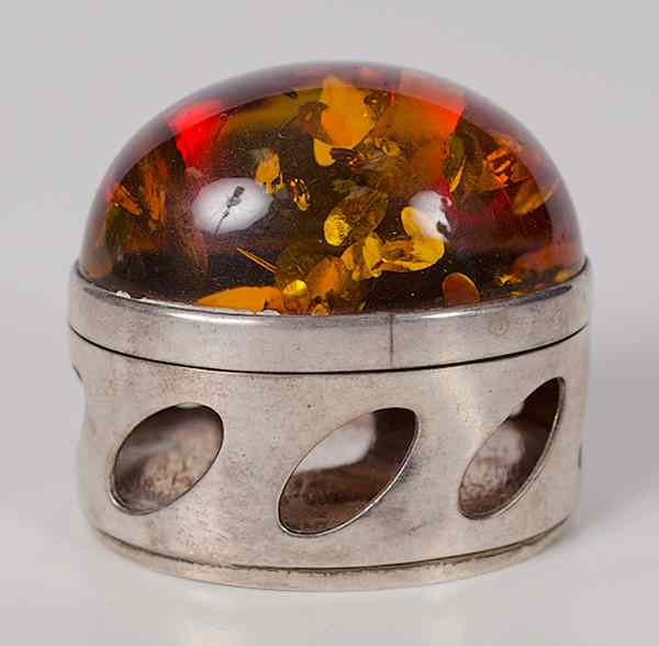 Appraisal: Pierced Silver Box with Amber th century a pierced silver