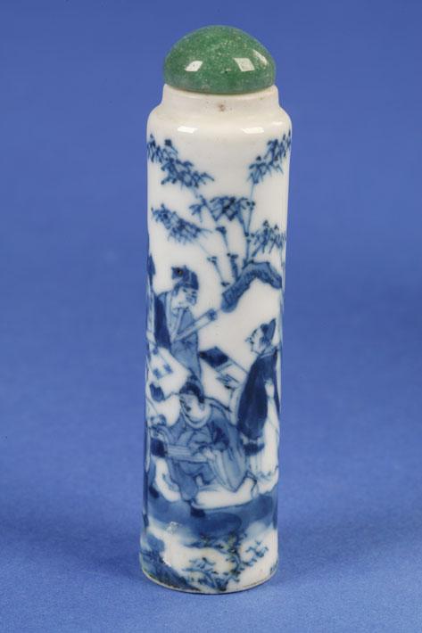 Appraisal: A TALL CYLINDRICAL BOTTLE decorated in blue with scholars in