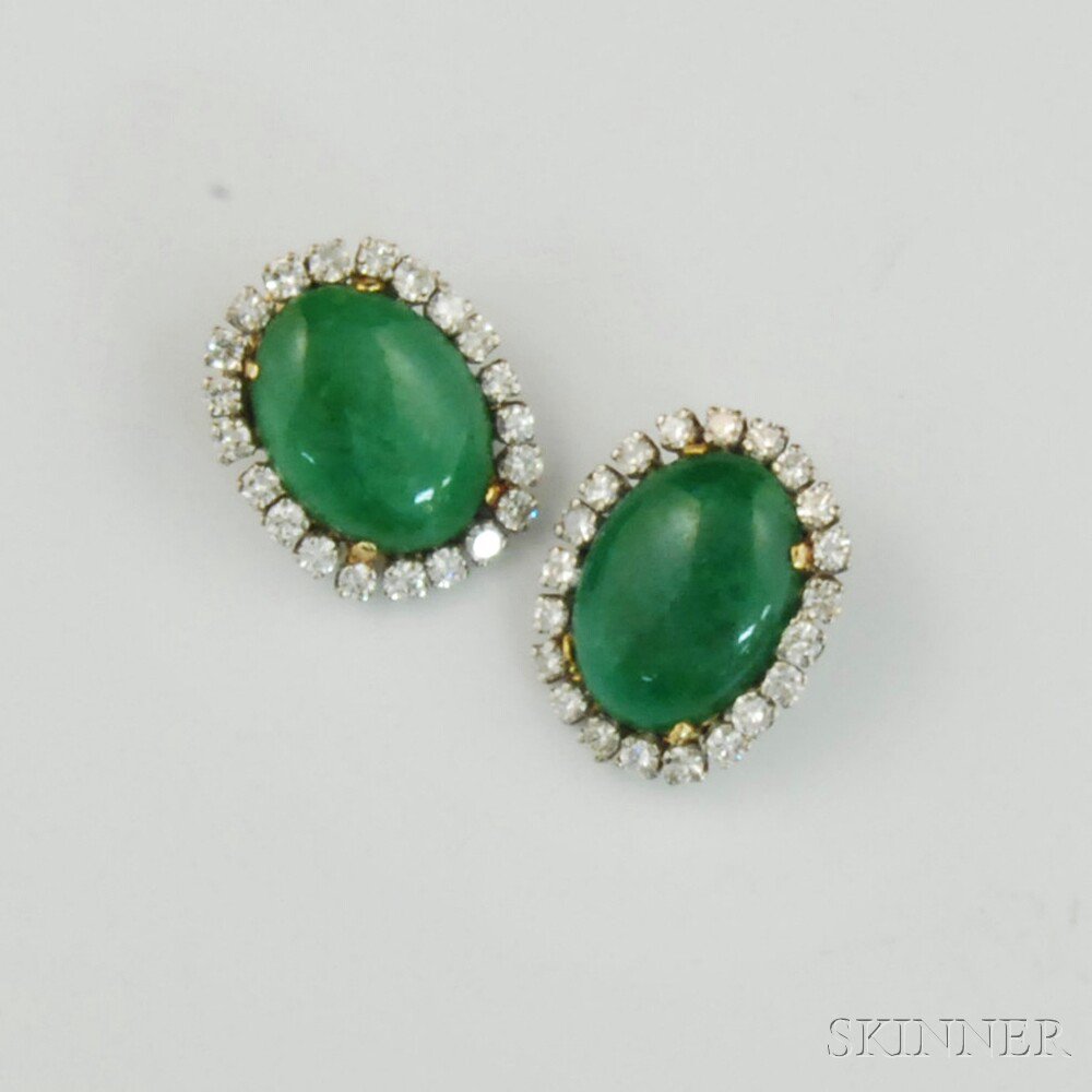 Appraisal: Pair of Jade and Diamond Earclips the oval jade surrounded