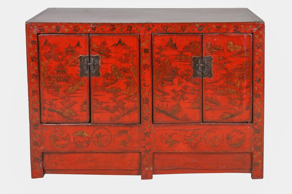 Appraisal: CHINESE WOOD CABINETdecorated in black on a red ground with