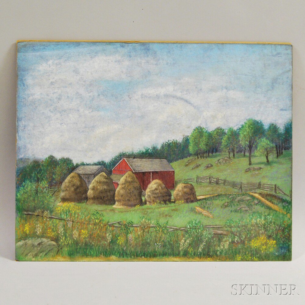 Appraisal: American School th Century Haystacks in a Field Unsigned Pastel