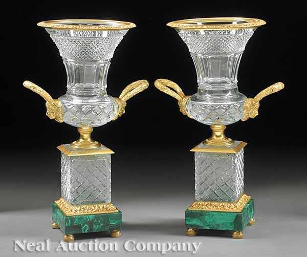 Appraisal: A Pair of Neoclassical-Style Cut Crystal Gilt Bronze and Malachite