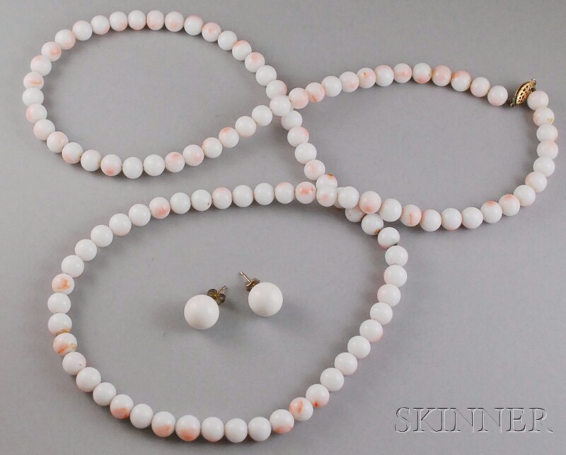 Appraisal: Coral Bead Necklace and Earrings the necklace mottled white and