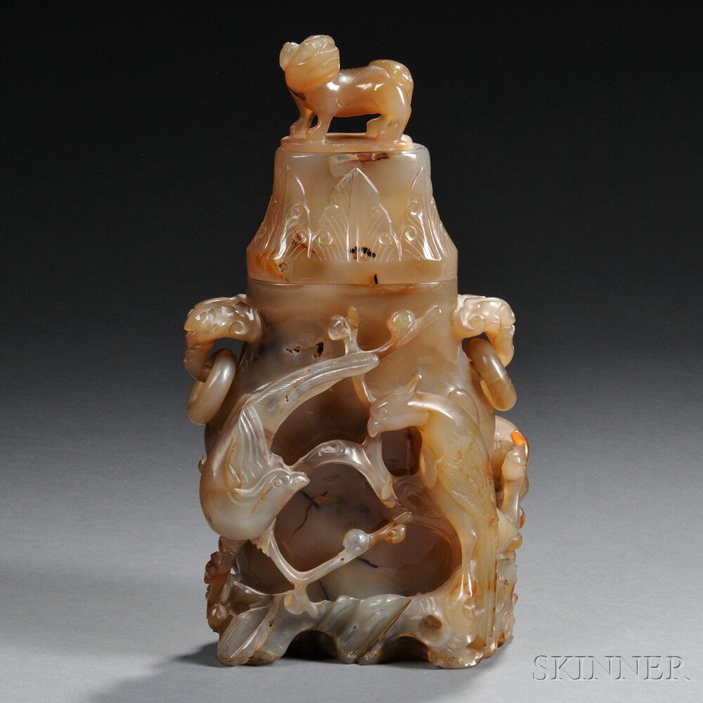 Appraisal: Agate Covered Vase China th th century flattened oval form