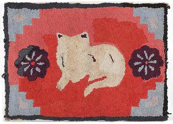 Appraisal: American hooked rug th c of a reclining cat flanked