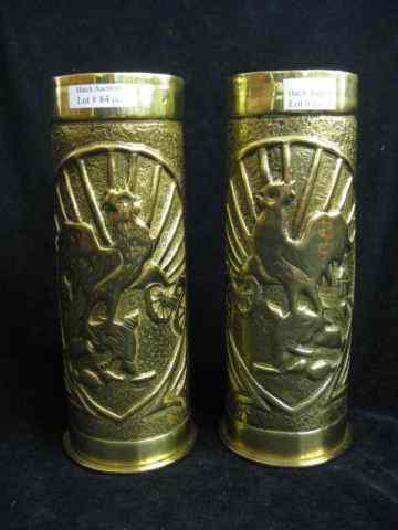 Appraisal: Pair of Trench Art Brass Vases artillery shells with rooster