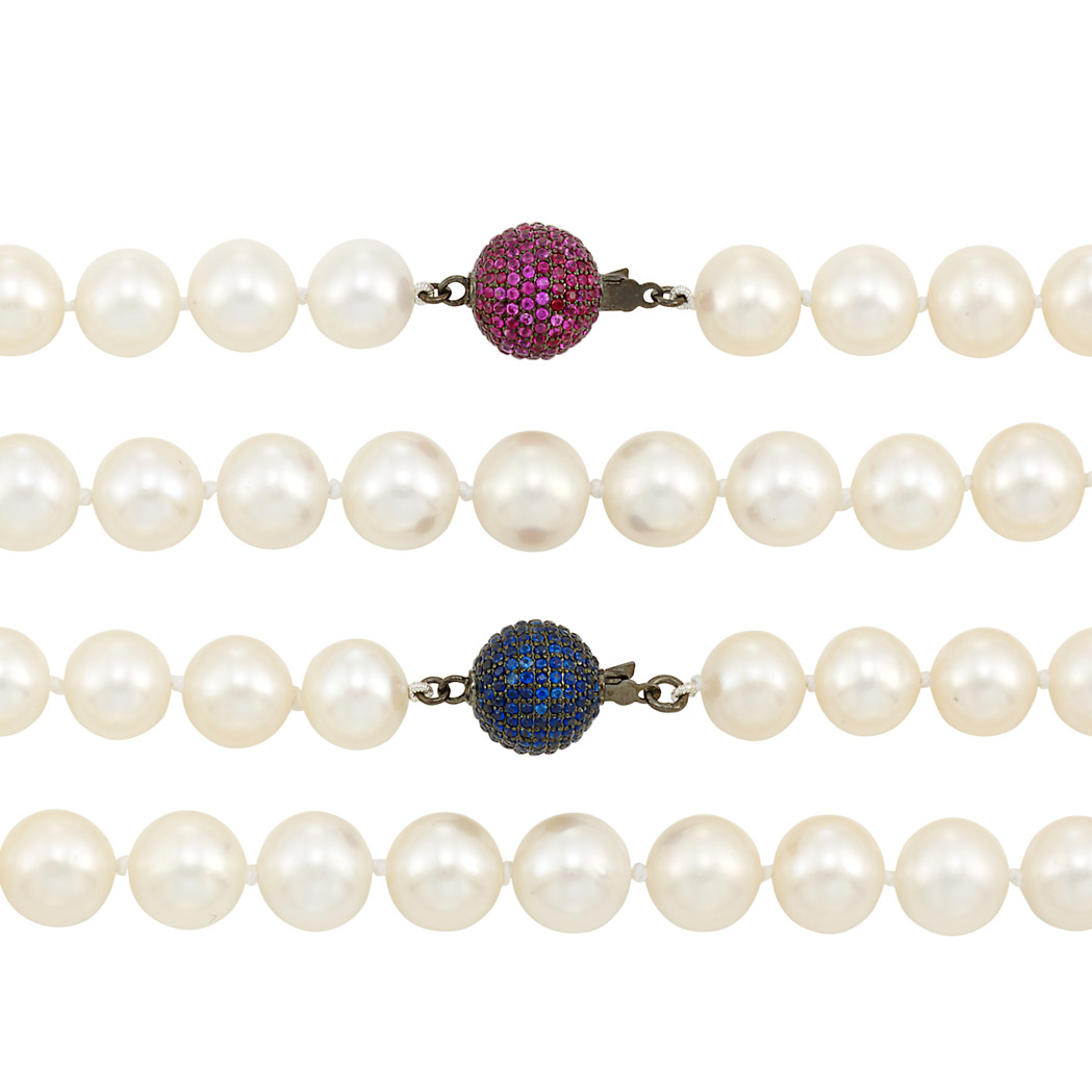 Appraisal: Pair of Cultured Pearl Necklaces with Sapphire and Ruby Ball