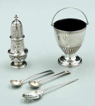 Appraisal: Five pieces English silver urn form shaker floral decoration London