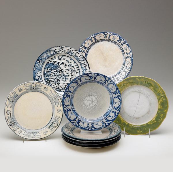 Appraisal: DEDHAM Nine crackleware plates six Clockwise Rabbit one pink one