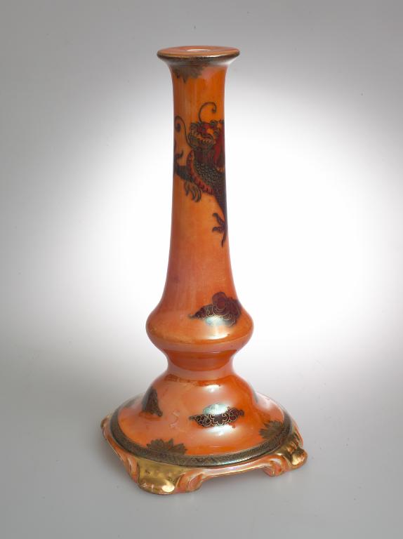 Appraisal: UNUSUAL MALING POTTERY LUSTRE-GLAZED LAMPBASE c of baluster form painted