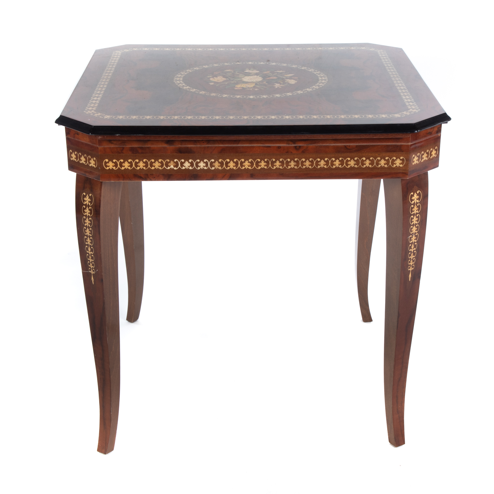 Appraisal: CONTINENTAL MARQUETRY INLAID GAMES TABLE th century top opens to