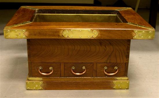 Appraisal: Japanese Hibachi mahogany brass bound with three small drawers in