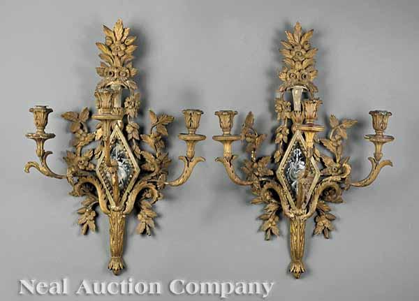 Appraisal: A Pair of Neoclassical-Style glomis and Giltwood Three-Light Sconces th