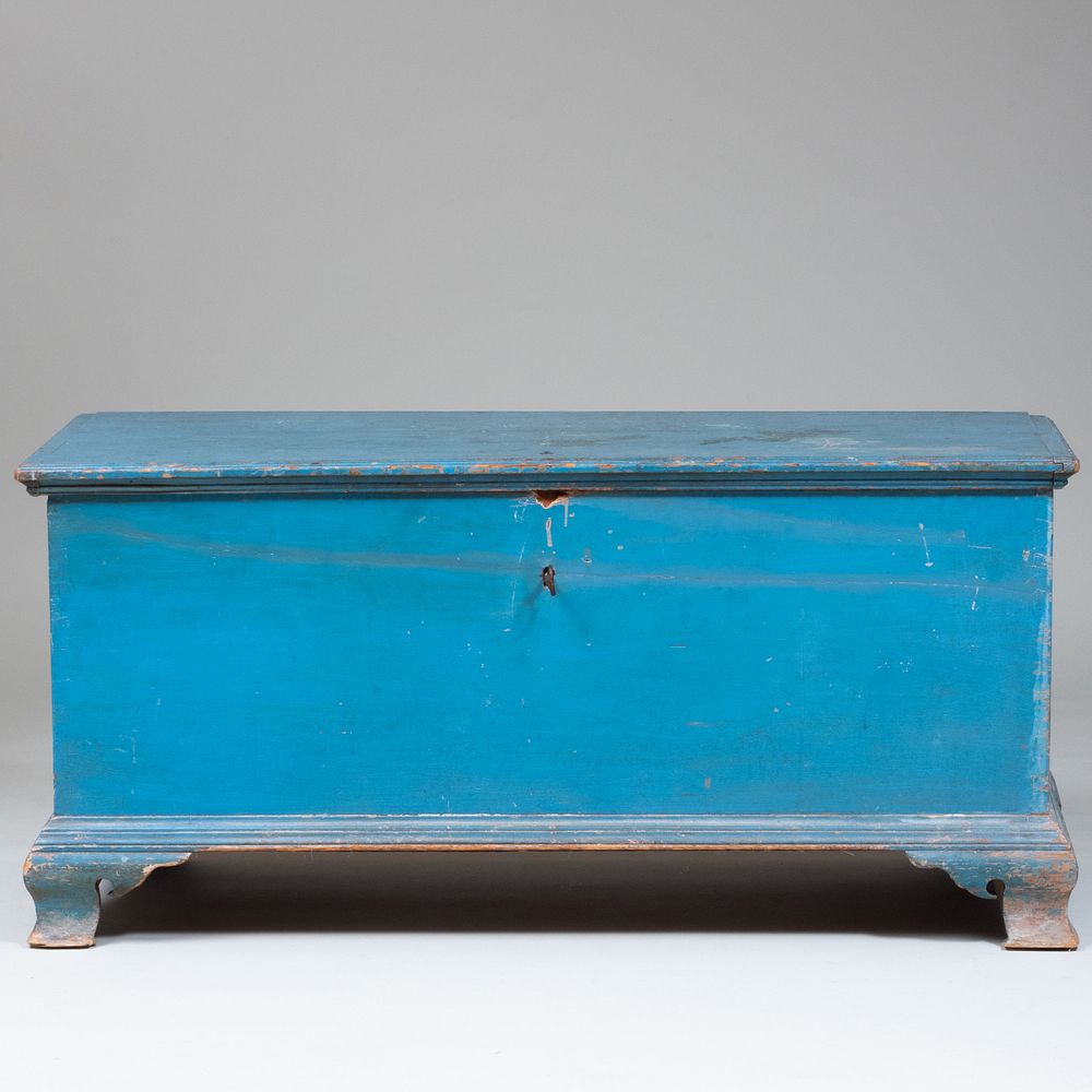 Appraisal: Chippendale Blue Painted Blanket Chest The hinged top opening to