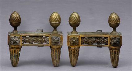 Appraisal: PAIR OF LOUIS XVI-STYLE GILT-BRONZE CHENETS Each pierced entrelac bar