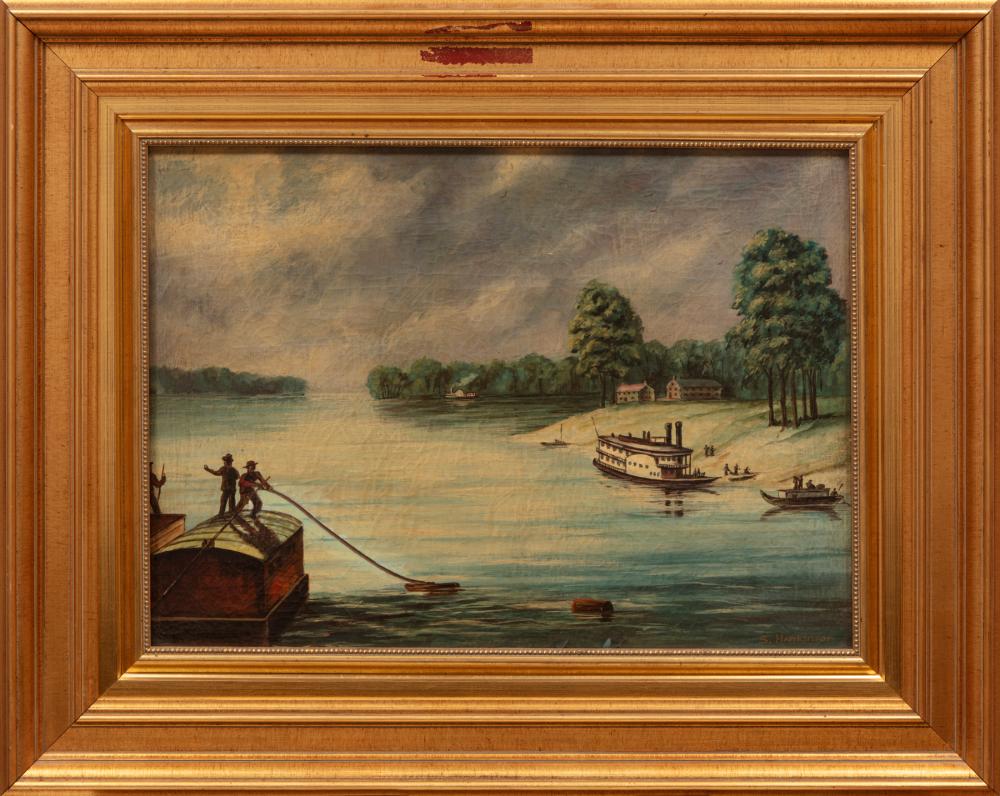 Appraisal: Southern School th c River Scene with Barge and Paddleboat