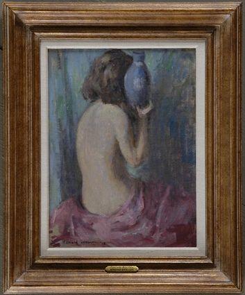 Appraisal: EDMUND GREACEN - NUDE WITH BLUE VASE Oil on artistboard