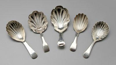 Appraisal: Five English silver caddy spoons all with shell bowls most