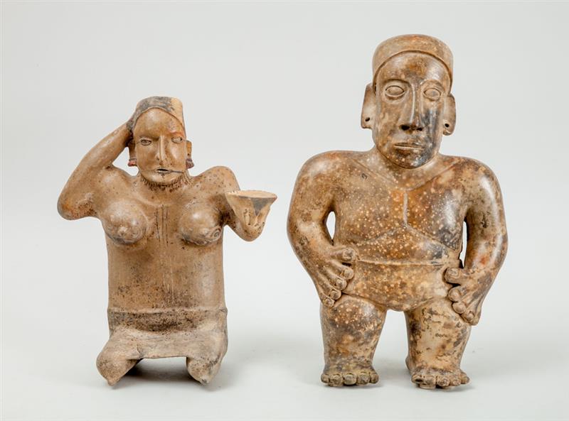 Appraisal: TWO MEXICAN PRE-COLUMBIAN STYLE POTTERY FIGURES One of a kneeling