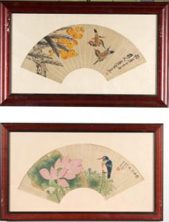 Appraisal: Chinese Inks on Paper Both depicting birds with flowers or