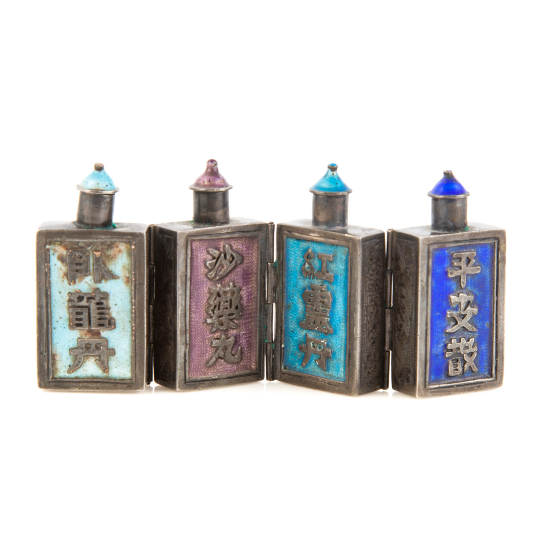 Appraisal: Chinese enameled silver hinged snuff bottle enameled silver triple hinged