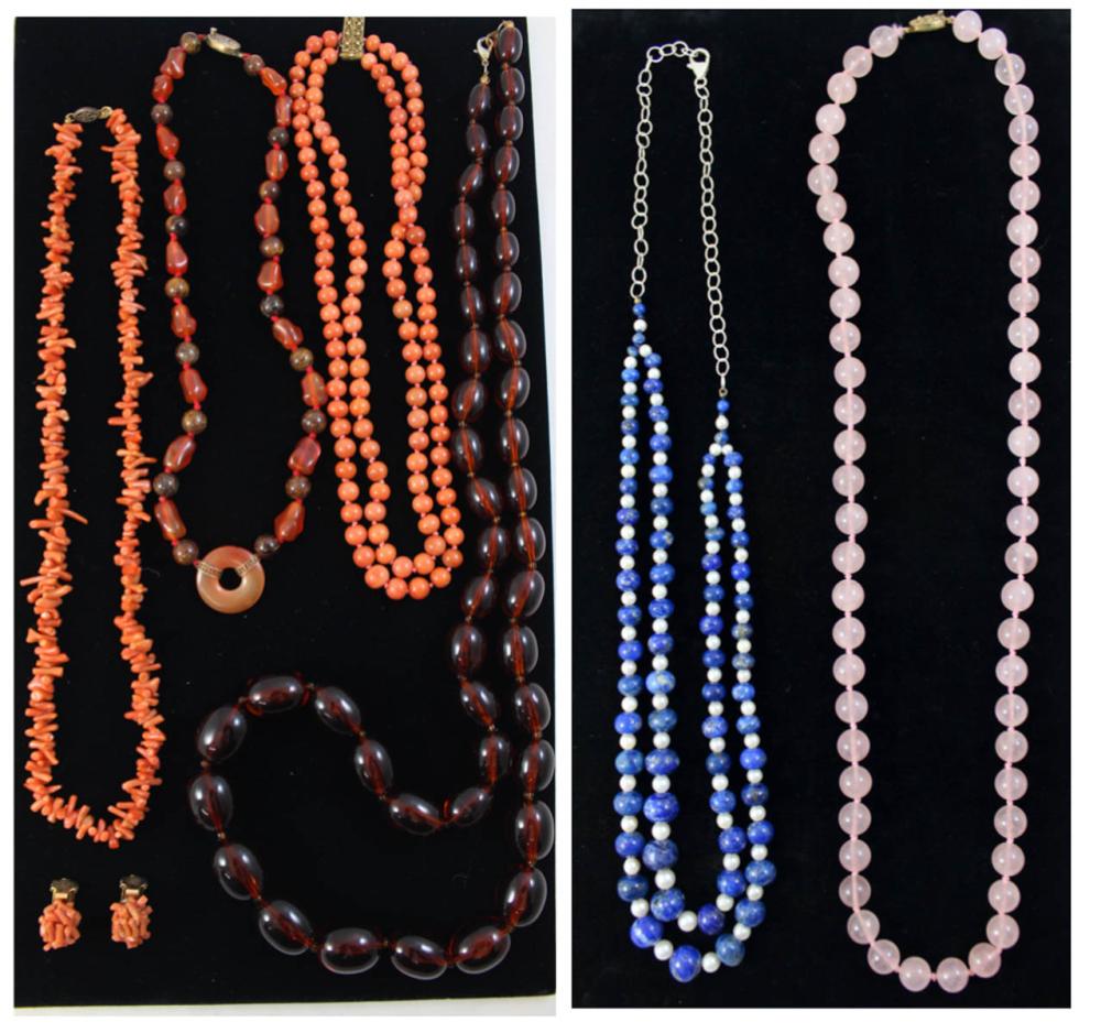 Appraisal: SIX BEAD NECKLACES AND A PAIR OF CLIP-ON EARRINGS including