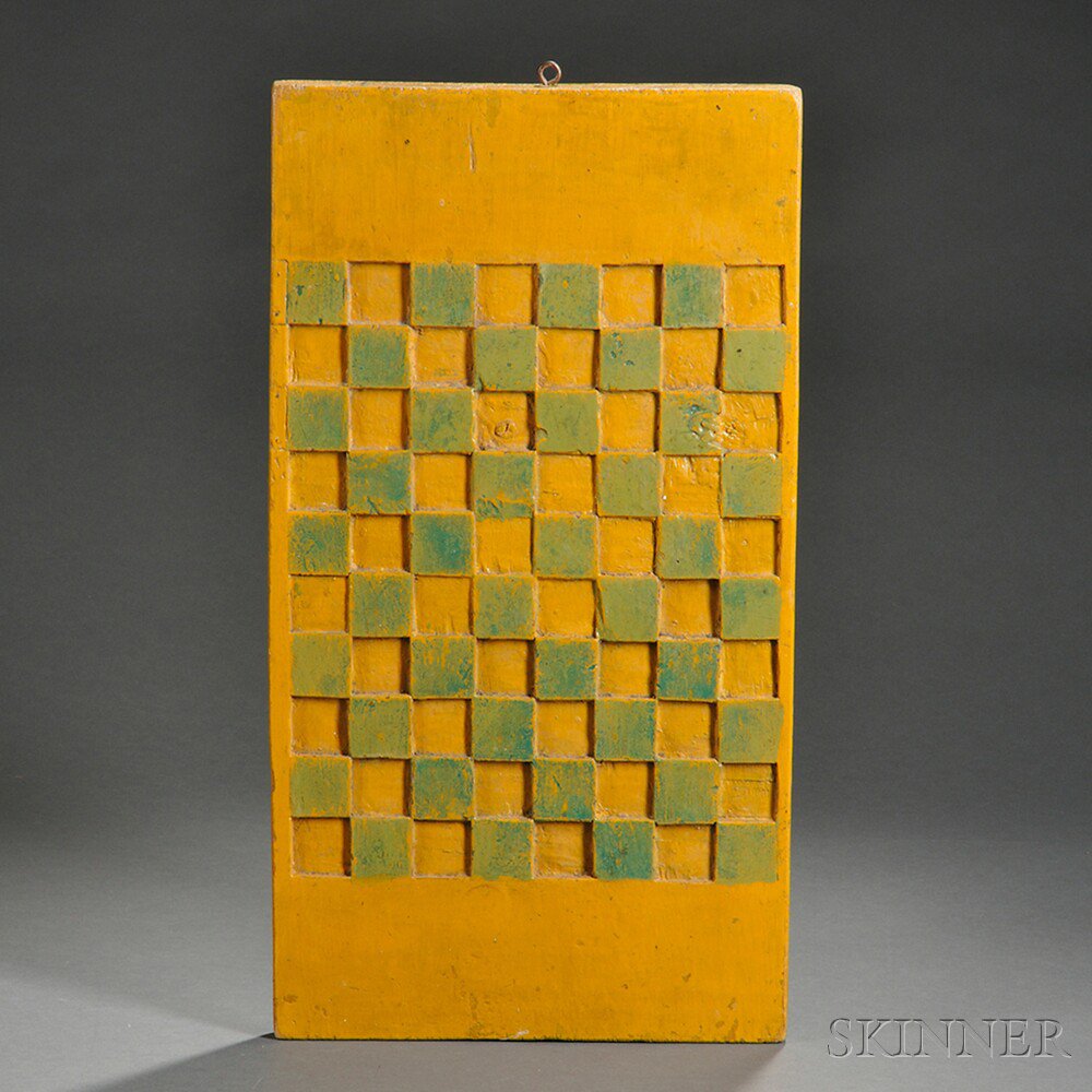 Appraisal: Carved Yellow- and Green-painted Double-sided Checkerboard America or Canada late